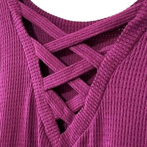 NWT 1. STATE Waffle Knit Lattice Back Thermal  Criss Cross Back Shirt Top M Pu…